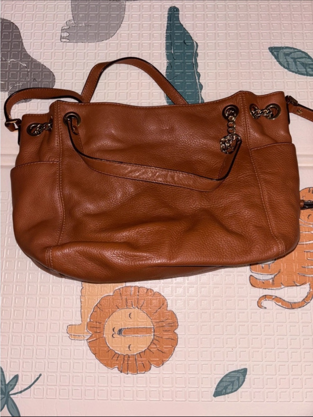 Michael Kors Cognac Pebbled Leather Shoulder Bag with Chain Charm - Picture 4 of 10